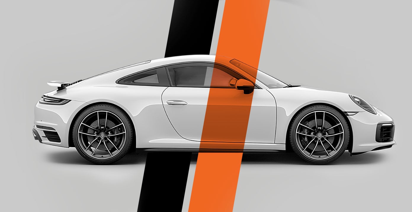 Eleganter weißer Sportwagen auf grauem Hintergrund.